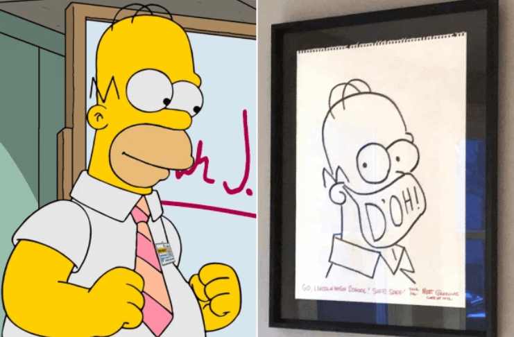Matt Groening desenha Homer Simpson com máscara para a arrecadação de fundos de sua antiga escola